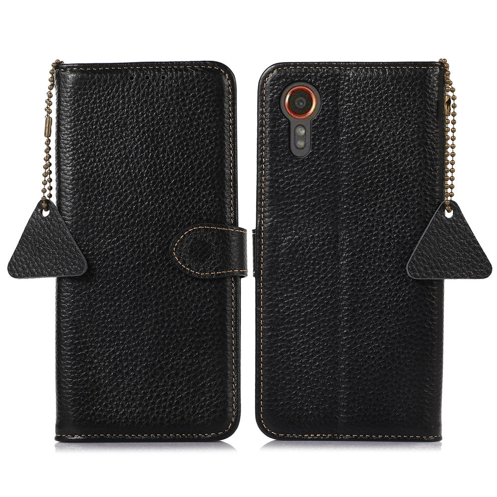 For Samsung Galaxy Xcover7 RFID Blocking Phone Case Genuine Cow Leather Cover - Black For Samsung Galaxy Xcover7 RFID Blocking Phone Case Genuine Cow Leather Cover - Black